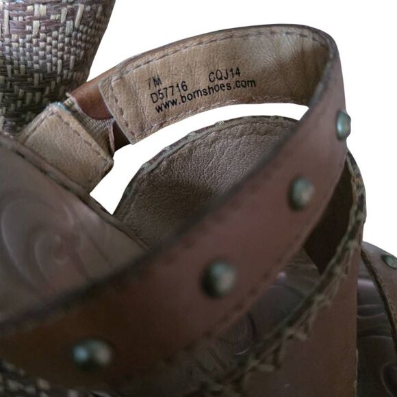 Born Women's Size 7 Brown Studded 3 Strap Patterned Espadrille Heeled Wedges - Picture 2 of 6